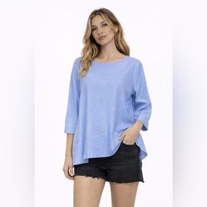 Ann Mashburn Size M 3/4 Sleeve Blouse Shirt Blue Cotton Minimalist High Low